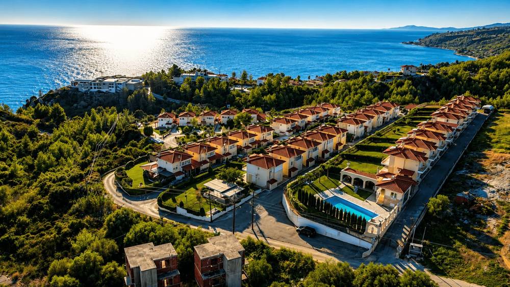 The Kassandra coast of Chalkidiki from the air: villas above a bay on the Aegean